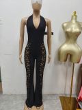 Sleeveless hanging neck backless V-neck tight long jumpsuit