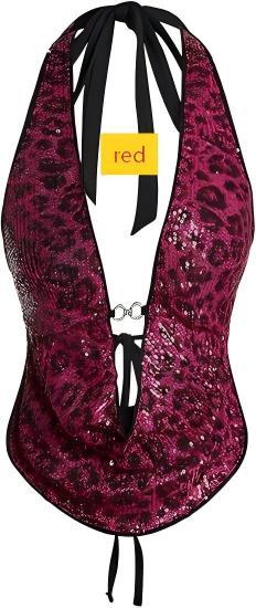 Leopard print sequin top with lace up, exposed back, waist cinching, and neck hanging short top