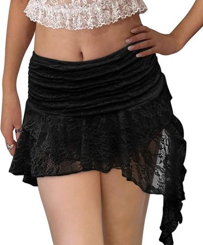 Lace mini skirt with low waist and pleated ruffle edge skirt