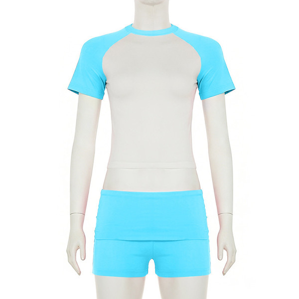 Shoulder cut color short sleeved top, shorts, headband, sports suit