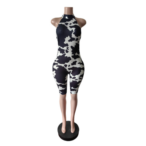Hanging neck sleeveless slim fitting one-piece five quarter pants