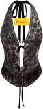 Leopard print sequin top with lace up, exposed back, waist cinching, and neck hanging short top