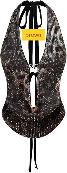 Leopard print sequin top with lace up, exposed back, waist cinching, and neck hanging short top