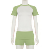 Shoulder cut color short sleeved top, shorts, headband, sports suit