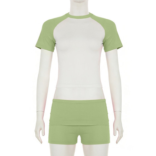 Shoulder cut color short sleeved top, shorts, headband, sports suit