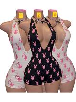 Hanging neck backless deep V-print jumpsuit shorts jumpsuit HR26106