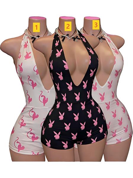 Hanging neck backless deep V-print jumpsuit shorts jumpsuit HR26106