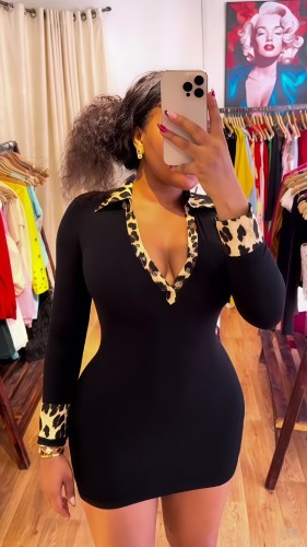 Long sleeved deep V-neck leopard print collar tight fitting hip hugging dress