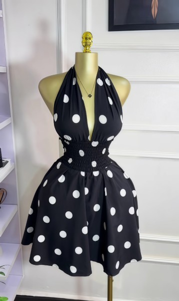 Wave point sleeveless V-neck strap backless waist cinching short dress