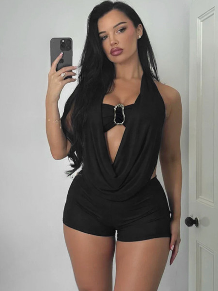 Hanging neck swinging collar metal buckle backless two-piece set