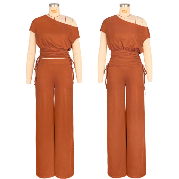 Off shoulder asymmetrical pleated wide leg pants two-piece set