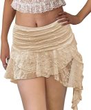 Lace mini skirt with low waist and pleated ruffle edge skirt