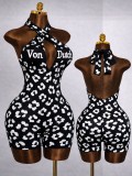 Cross-over neck deep V backless bodysuit letter print full-body pants HR26105