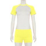 Shoulder cut color short sleeved top, shorts, headband, sports suit