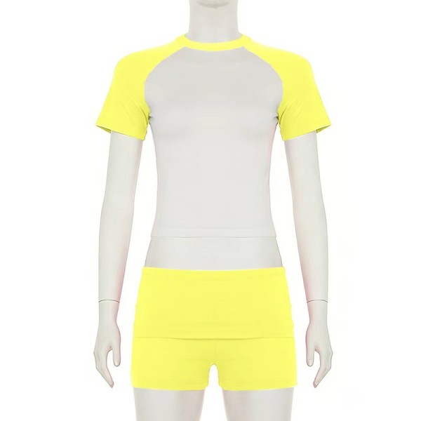 Shoulder cut color short sleeved top, shorts, headband, sports suit