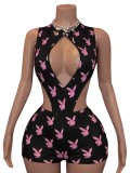 Printed hollow lace up jumpsuit+hip hugging shorts two-piece set HR26107