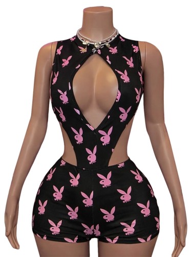Printed hollow lace up jumpsuit+hip hugging shorts two-piece set HR26107