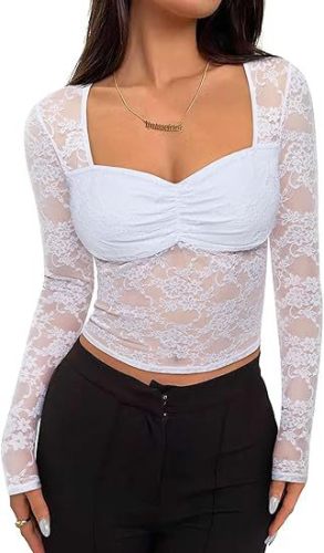 Square collar waist cinching lace base shirt top