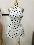 Sleeveless hanging neck backless polka dot print waist cinching short dress