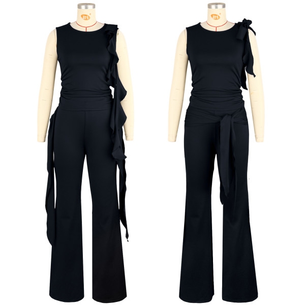 Strap fungus edge pleated vest bell bottom pants set