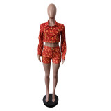 Printed embroidery long sleeved shorts set
