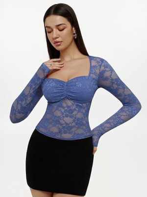 Square collar waist cinching lace base shirt top