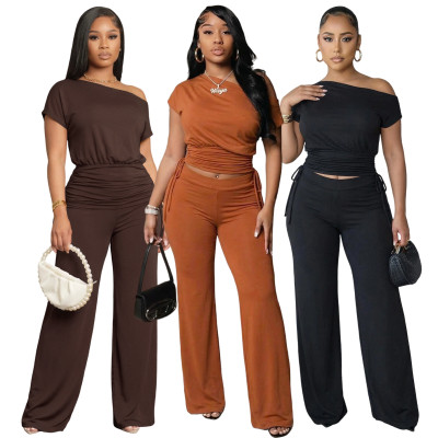 Off shoulder asymmetrical pleated wide leg pants two-piece set