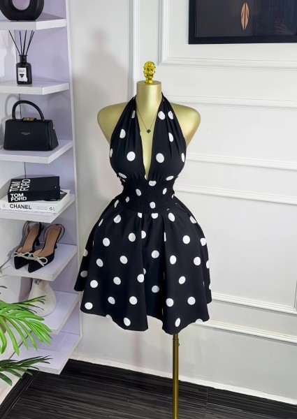 Wave point sleeveless V-neck strap backless waist cinching short dress