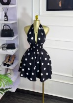 Wave point sleeveless V-neck strap backless waist cinching short dress Wave point sleeveless V-neck strap backless waist cinching short dress
