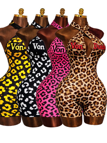 Cross-over neck deep V backless bodysuit letter print full-body pants HR26105