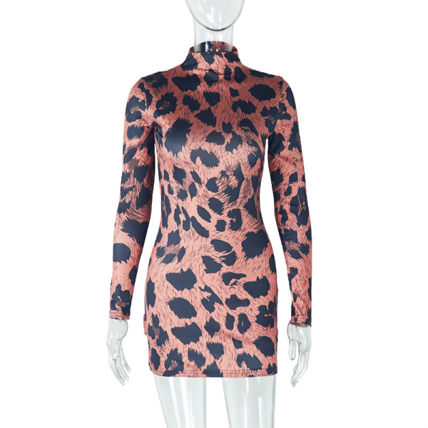 Printed leopard print hip skirt stand collar long sleeved short dress