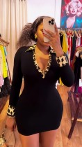 Long sleeved deep V-neck leopard print collar tight fitting hip hugging dress Long sleeved deep V-neck leopard print collar tight fitting hip hugging dress