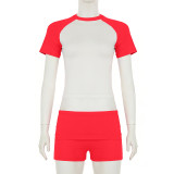 Shoulder cut color short sleeved top, shorts, headband, sports suit