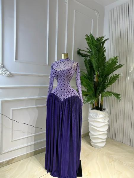Long sleeved stand up collar patchwork pleated long dress