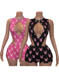 Printed hollow lace up jumpsuit+hip hugging shorts two-piece set HR26107
