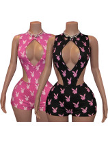 Printed hollow lace up jumpsuit+hip hugging shorts two-piece set HR26107