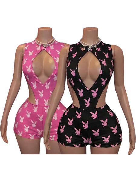 Printed hollow lace up jumpsuit+hip hugging shorts two-piece set HR26107