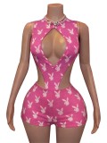 Printed hollow lace up jumpsuit+hip hugging shorts two-piece set HR26107