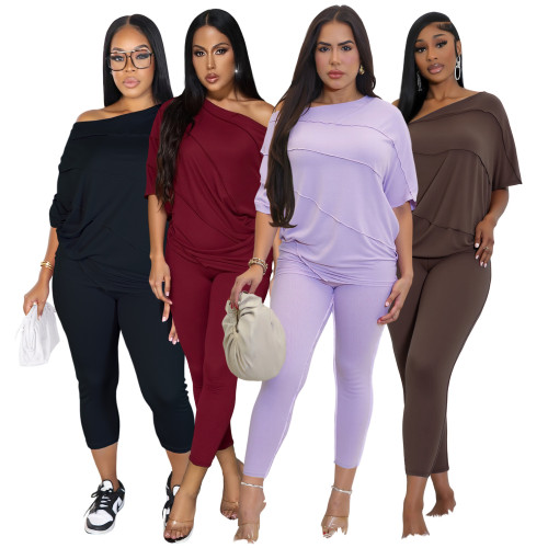 Two piece set of anti edge single shoulder batwing sleeve pants