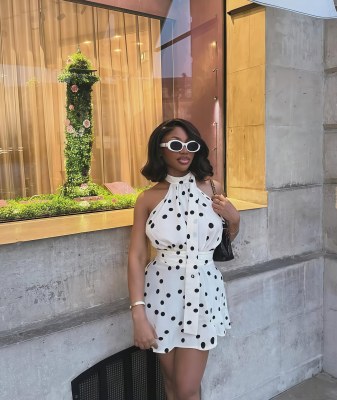 Sleeveless hanging neck backless polka dot print waist cinching short dress