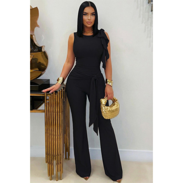 Strap fungus edge pleated vest bell bottom pants set