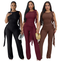 Strap fungus edge pleated vest bell bottom pants set