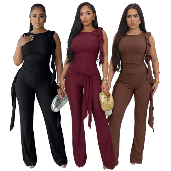 Strap fungus edge pleated vest bell bottom pants set