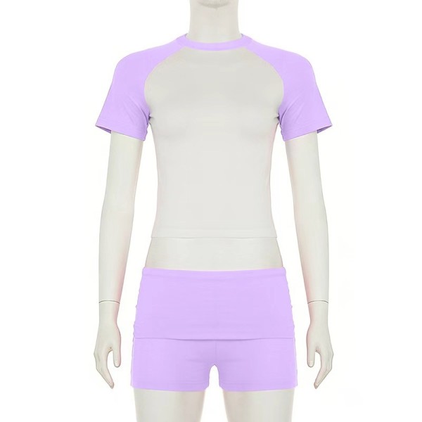 Shoulder cut color short sleeved top, shorts, headband, sports suit