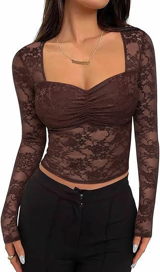 Square collar waist cinching lace base shirt top