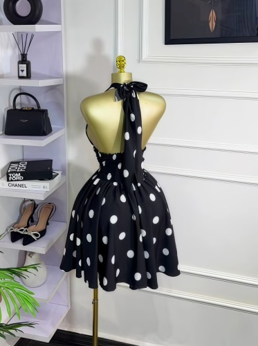 Wave point sleeveless V-neck strap backless waist cinching short dress