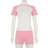 Shoulder cut color short sleeved top, shorts, headband, sports suit