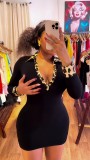 Long sleeved deep V-neck leopard print collar tight fitting hip hugging dress