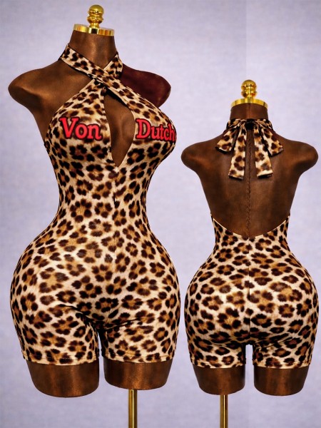 Cross-over neck deep V backless bodysuit letter print full-body pants HR26105