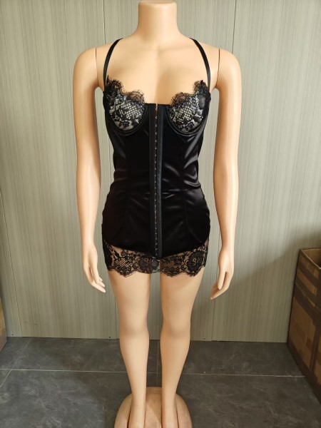 Lace wrapped chest, steel ring, fishbone buckle, hip hugging skirt